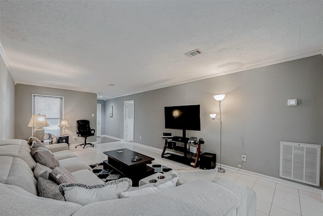 living room featuring a textured ceiling, light tile patterned floors, and crown molding