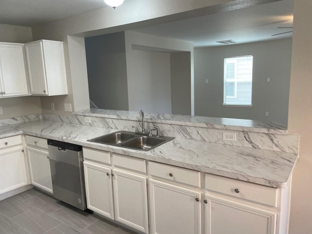 kitchen featuring kitchen peninsula, sink, white cabinets, and stainless steel dishwasher