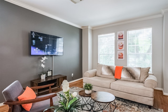 living room featuring wood-type flooring and crown molding