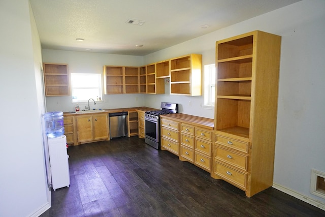 kitchen featuring dark wood-type flooring, a healthy amount of sunlight, sink, and stainless steel appliances