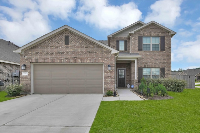 craftsman inspired home with a garage and a front yard