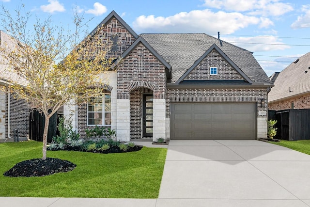 view of front of home with a front yard and a garage