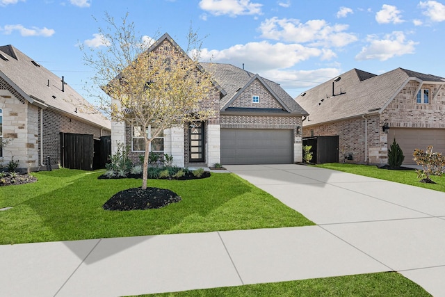 view of front of property with a front lawn and a garage