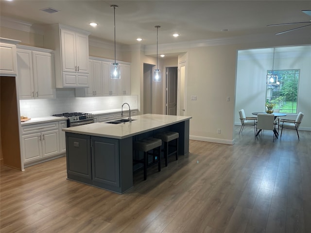 kitchen with tasteful backsplash, sink, gas range, an island with sink, and hardwood / wood-style flooring