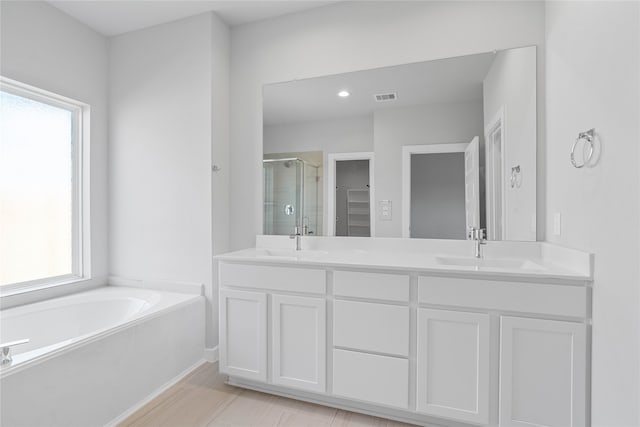 bathroom with vanity, a healthy amount of sunlight, and independent shower and bath