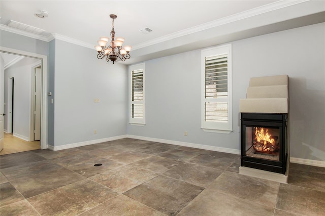 unfurnished dining area with a multi sided fireplace, crown molding, and a chandelier