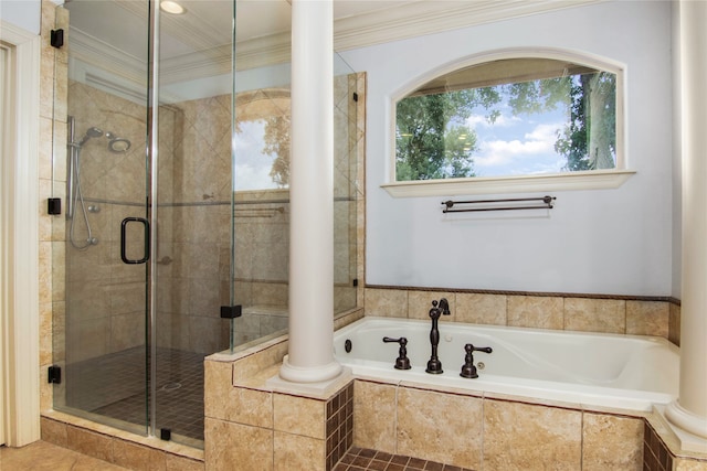 bathroom with decorative columns, tile patterned flooring, ornamental molding, and shower with separate bathtub