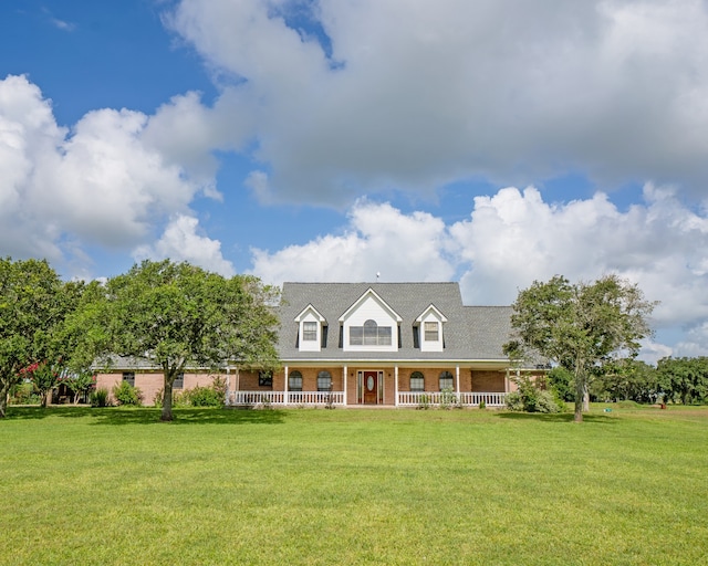 view of front of house with covered porch and a front lawn