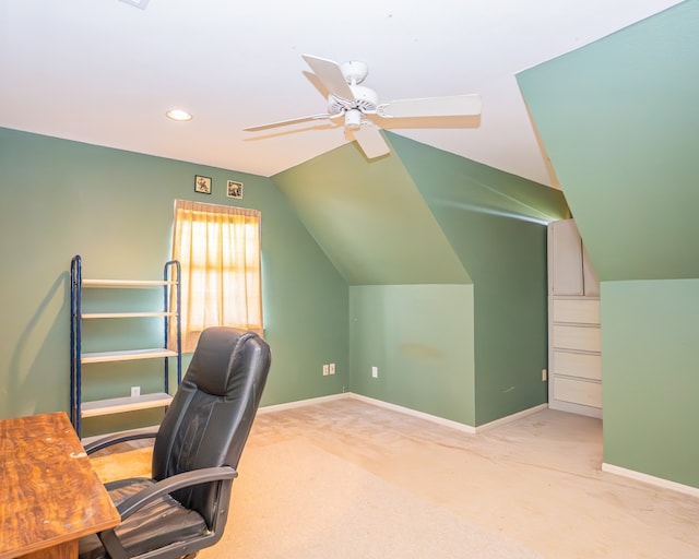 office area with carpet floors, ceiling fan, and lofted ceiling