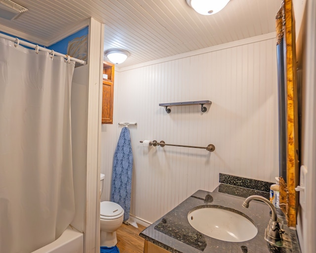 full bathroom with toilet, vanity, shower / bath combo with shower curtain, wooden ceiling, and wood-type flooring