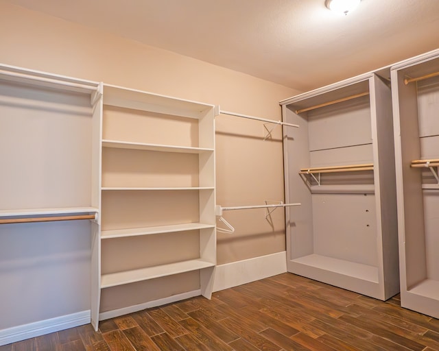 walk in closet with dark wood-type flooring