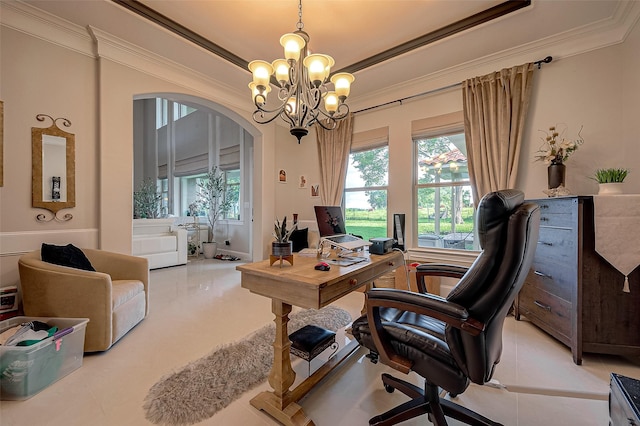 tiled home office featuring ornamental molding, plenty of natural light, and a notable chandelier