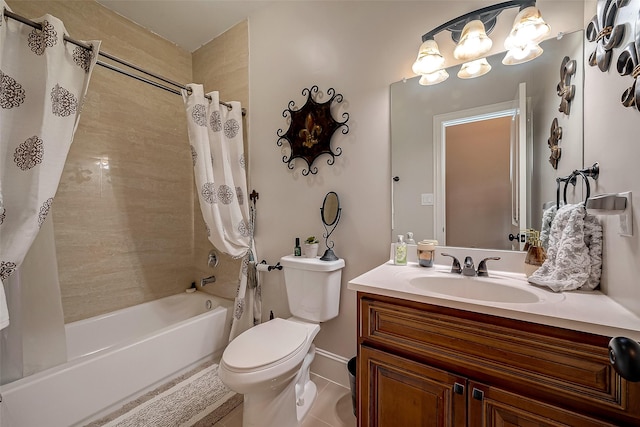 full bathroom with tile patterned flooring, vanity, shower / bath combo, and toilet