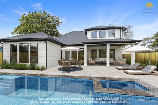 rear view of house featuring ceiling fan, an outdoor living space, and a patio