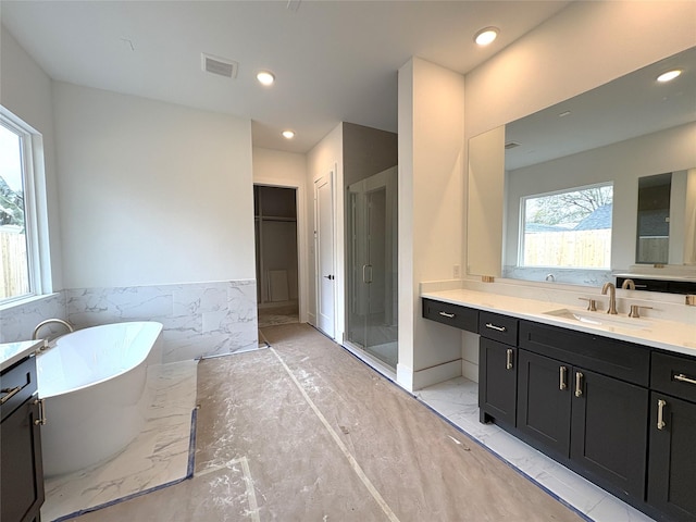 bathroom with separate shower and tub and vanity