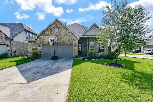 craftsman house with a front yard and a garage