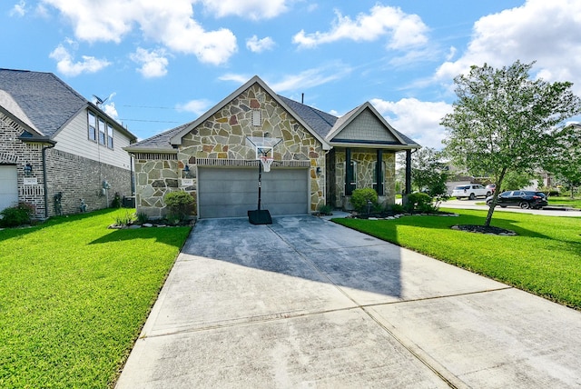 view of front facade with central AC unit, a garage, and a front lawn