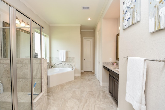 bathroom featuring vanity, crown molding, and plus walk in shower