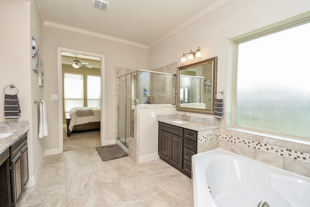 bathroom with shower with separate bathtub, vanity, ceiling fan, and ornamental molding