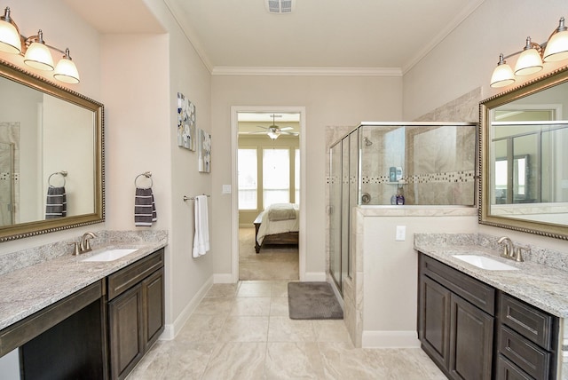 bathroom with ceiling fan, ornamental molding, and walk in shower