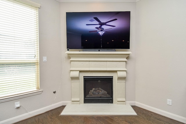 interior details featuring wood-type flooring and ceiling fan