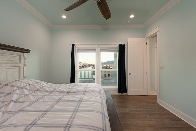 unfurnished bedroom with dark hardwood / wood-style floors, access to exterior, ornamental molding, and ceiling fan