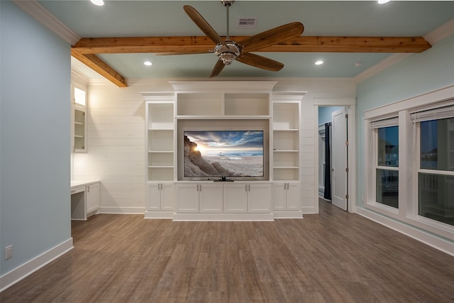 unfurnished living room featuring ornamental molding, dark hardwood / wood-style flooring, beam ceiling, and ceiling fan