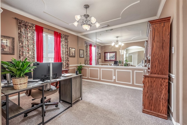 office area featuring a chandelier, light colored carpet, crown molding, and a healthy amount of sunlight