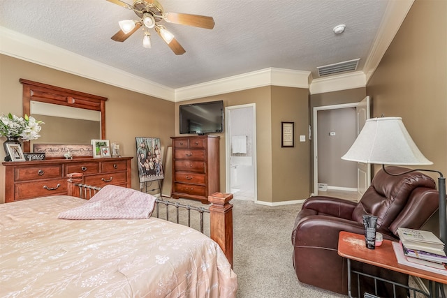 carpeted bedroom with connected bathroom, ceiling fan, crown molding, and a textured ceiling