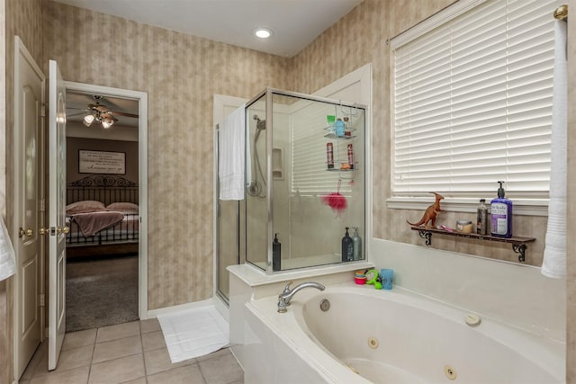 bathroom featuring tile patterned floors, ceiling fan, and independent shower and bath