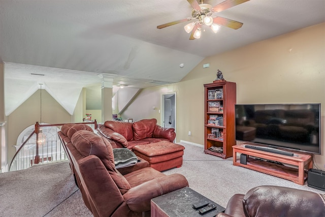 carpeted living room featuring vaulted ceiling and ceiling fan