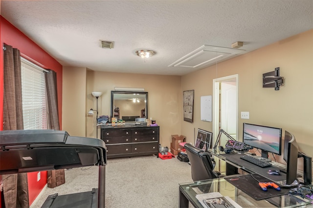 carpeted home office with a textured ceiling