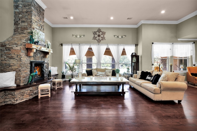 living room with crown molding, a stone fireplace, and dark wood-type flooring