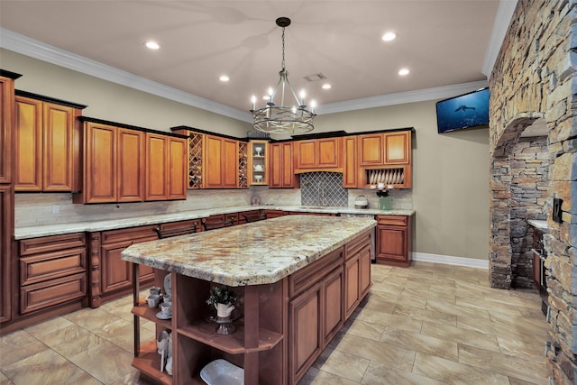 kitchen featuring open shelves, brown cabinetry, a kitchen island, and glass insert cabinets