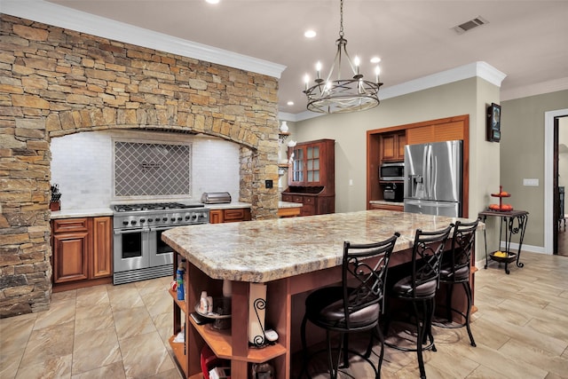 kitchen with visible vents, a kitchen island, glass insert cabinets, appliances with stainless steel finishes, and open shelves