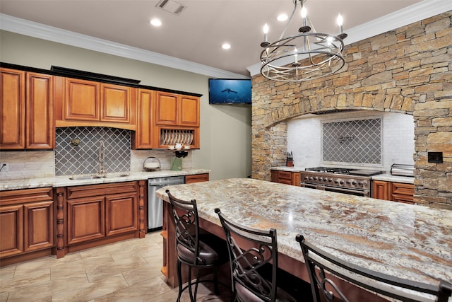 kitchen featuring sink, crown molding, backsplash, stainless steel appliances, and light stone countertops