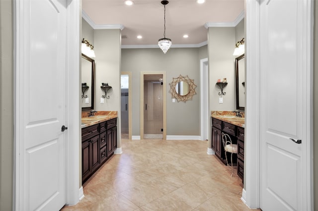 bathroom with crown molding, a shower, and vanity