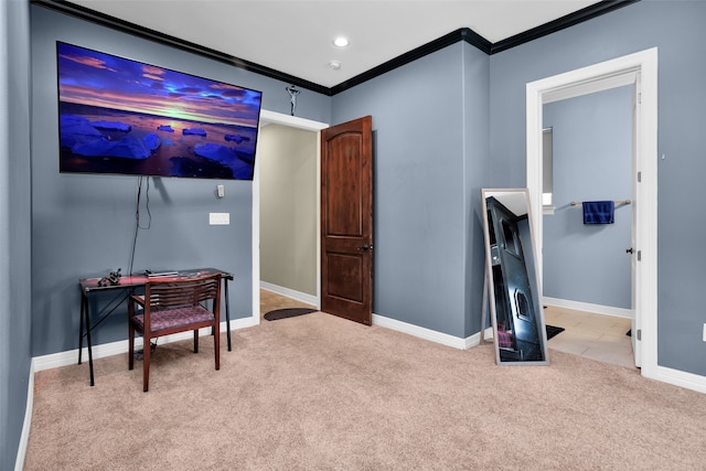 office space featuring recessed lighting, baseboards, crown molding, and light colored carpet