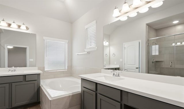 bathroom with separate shower and tub and vanity