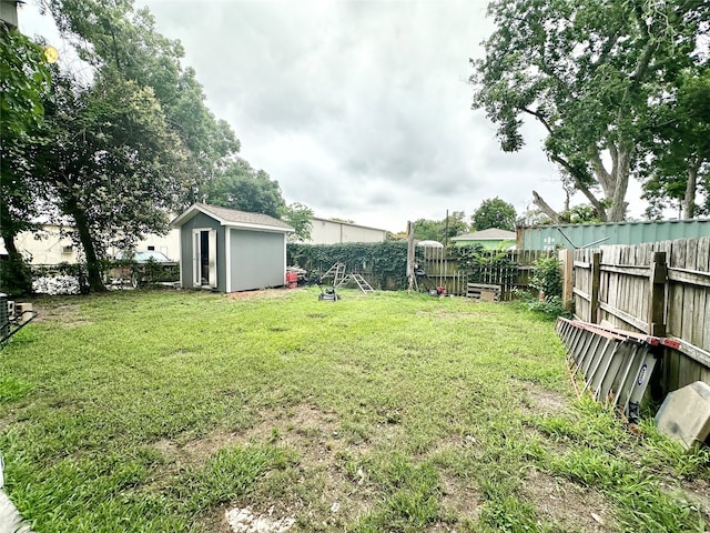 view of yard featuring a storage shed