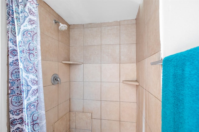 bathroom with curtained shower