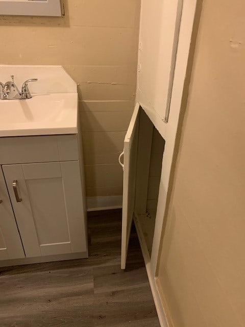 bathroom with wood-type flooring and vanity