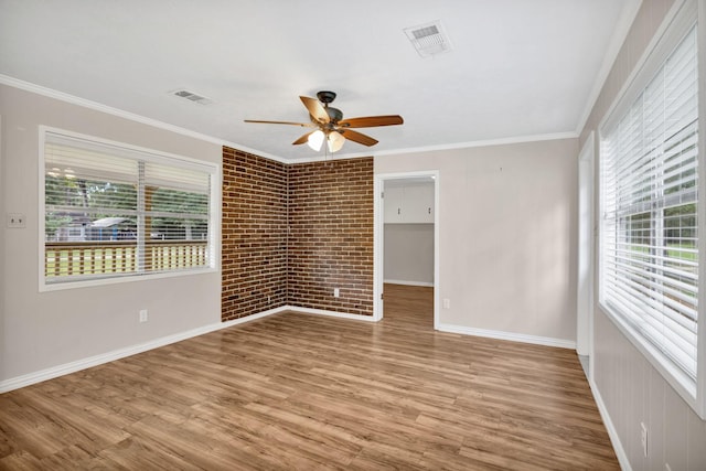 spare room with ornamental molding, light hardwood / wood-style floors, and a wealth of natural light