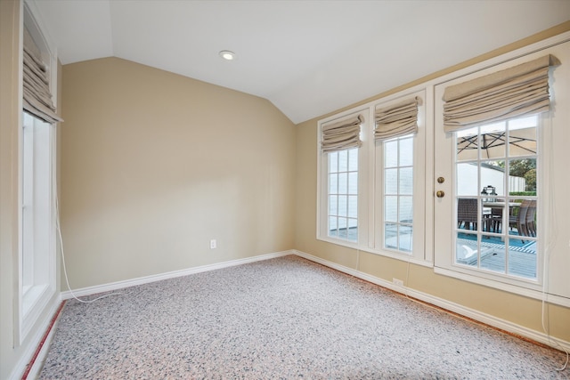 carpeted empty room with lofted ceiling and a wealth of natural light