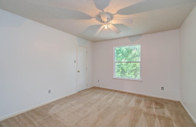 carpeted spare room with ceiling fan