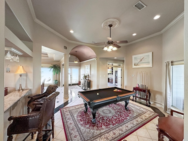 game room with light tile patterned flooring, ceiling fan, crown molding, pool table, and ornate columns