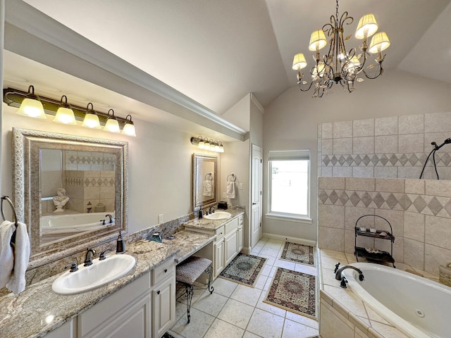 bathroom featuring a relaxing tiled tub, tile patterned flooring, lofted ceiling, and double sink vanity