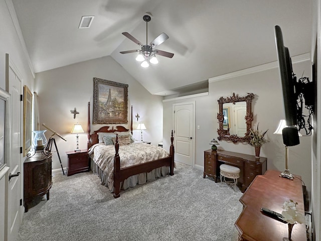 bedroom with light carpet, baseboards, visible vents, and vaulted ceiling