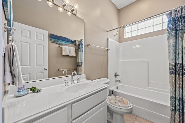 full bathroom with shower / bath combo with shower curtain, tile patterned flooring, vanity, and toilet