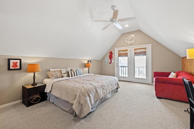 carpeted bedroom with access to exterior, french doors, ceiling fan, and lofted ceiling